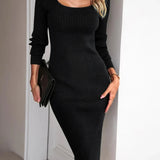 Elegant Ribbed Midi Dress with Side Slit